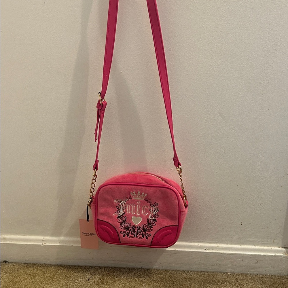 Juicy Couture Bright Pink Velvet Crossbody with Gold Chain Accents